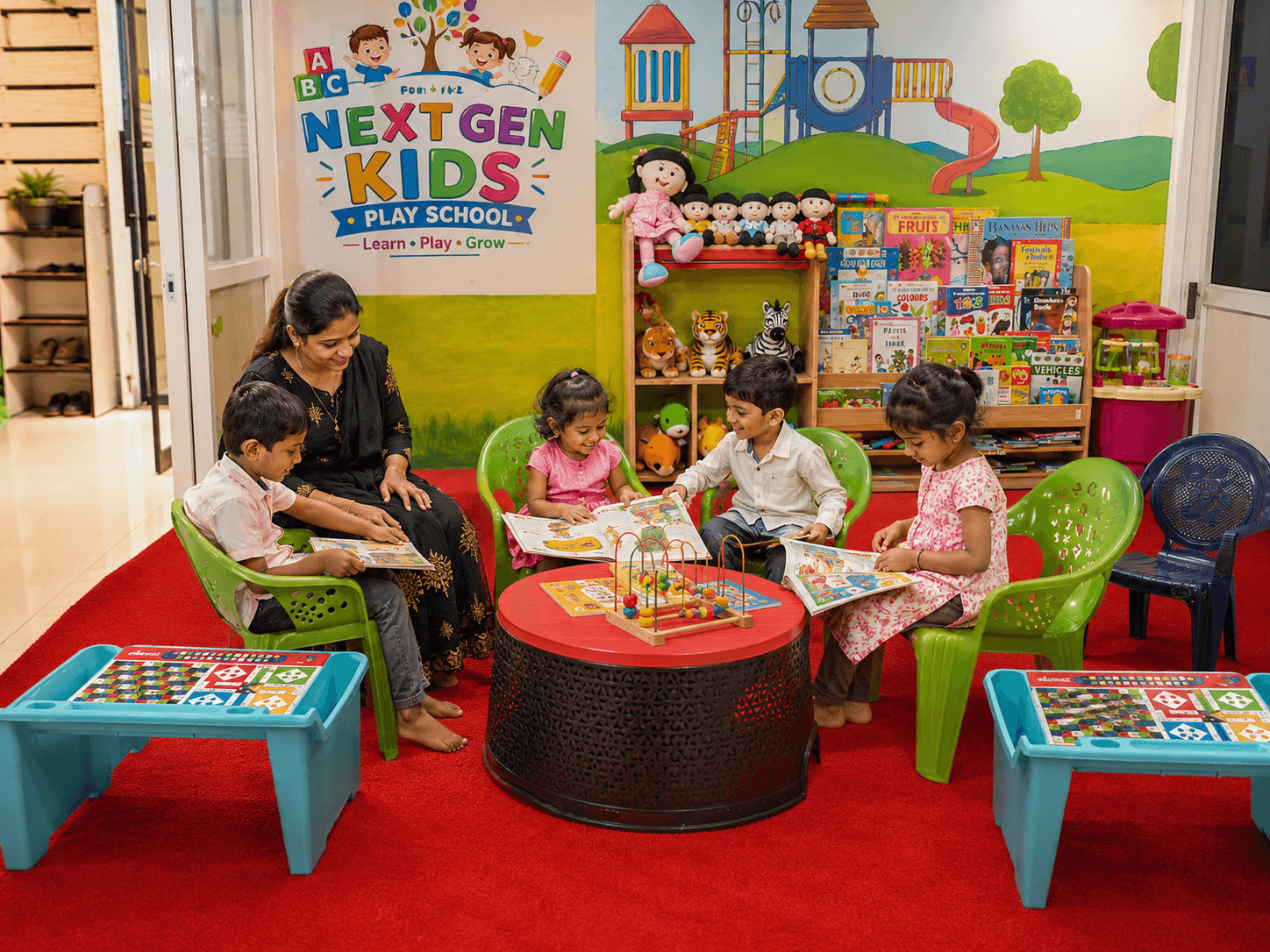 Teacher reading with children inside NextGen Kids Play School activity area