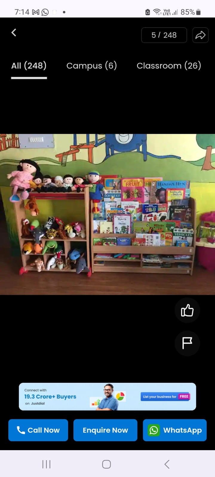 Story corner with picture books, toys, and learning materials